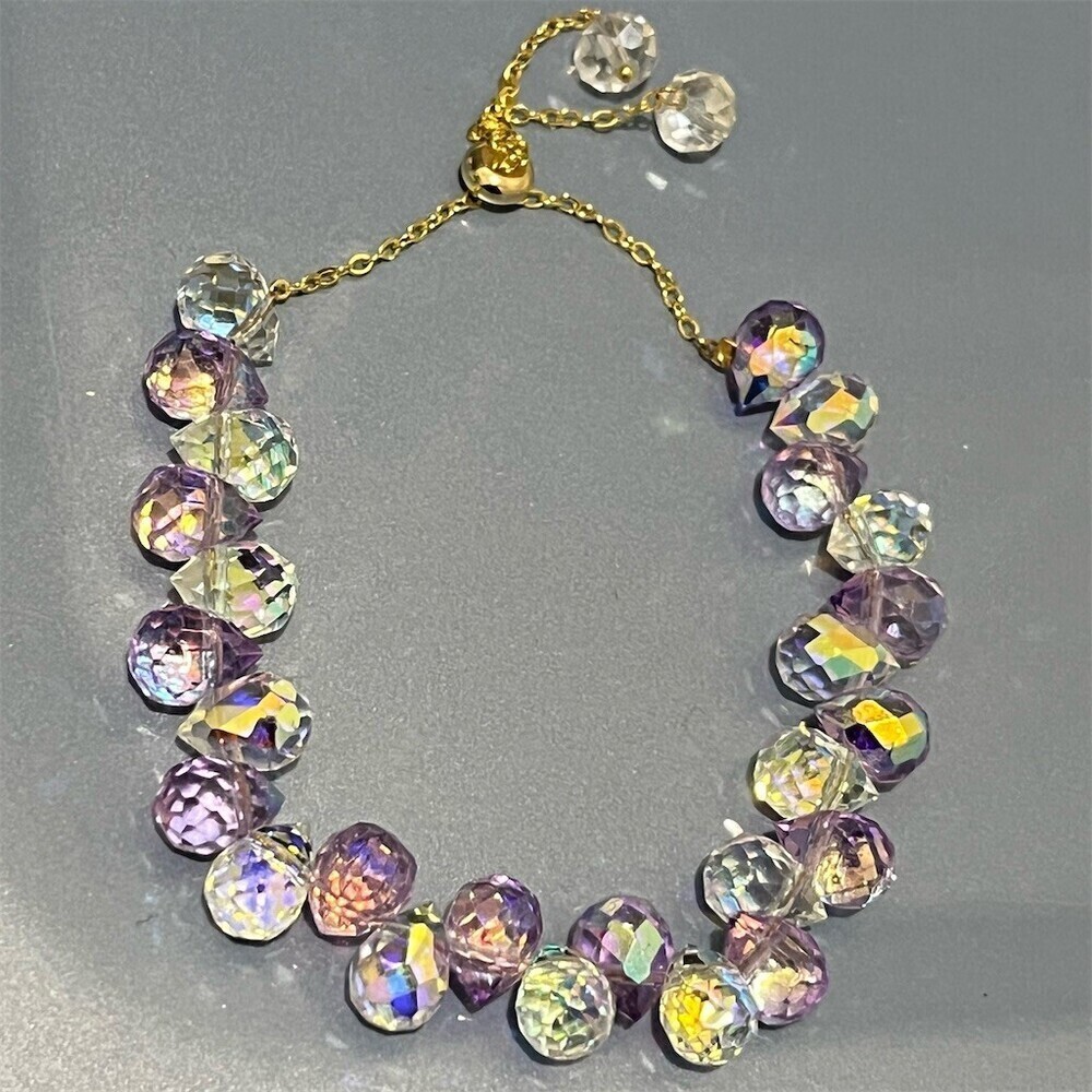 Adjustable Slider Glass Bracelet Purple Faceted Crystal Teardrop Gift Evening - Picture 4 of 4